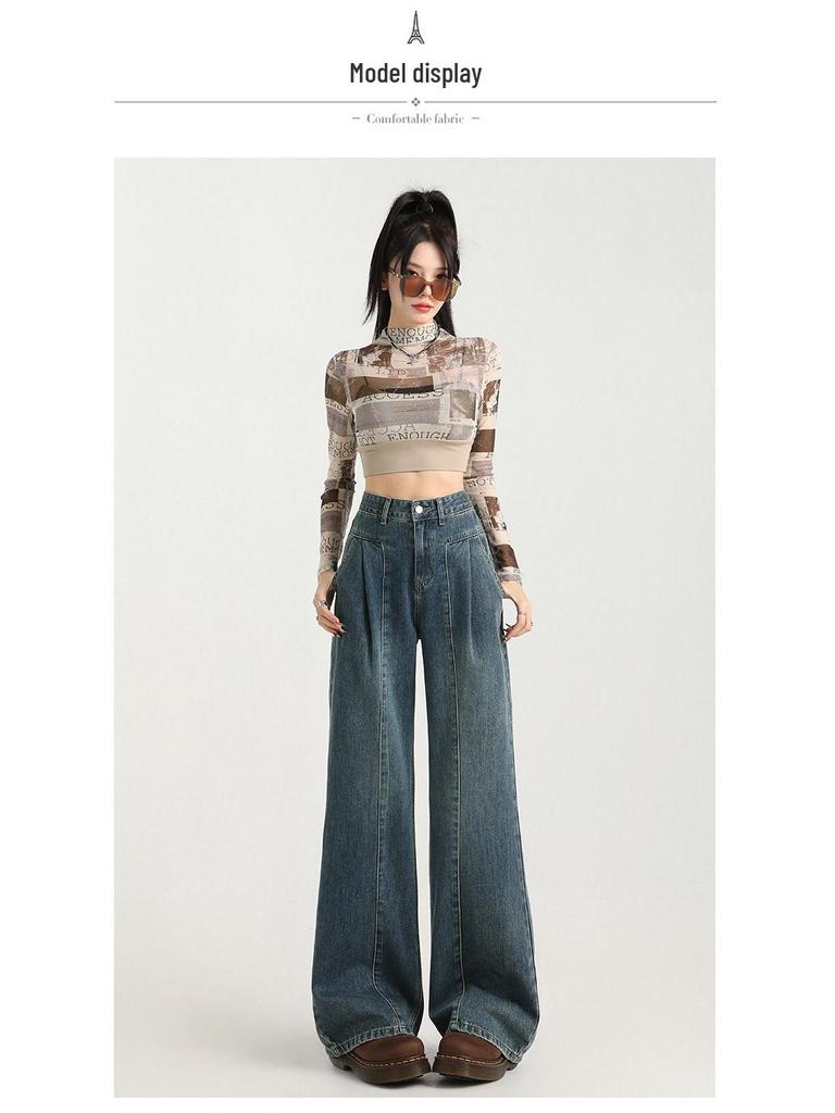 Women's High-Waisted Retro Wide-Leg Jeans, Slimming Waist-Cinched Pear Shape Loose Straight Leg Pants