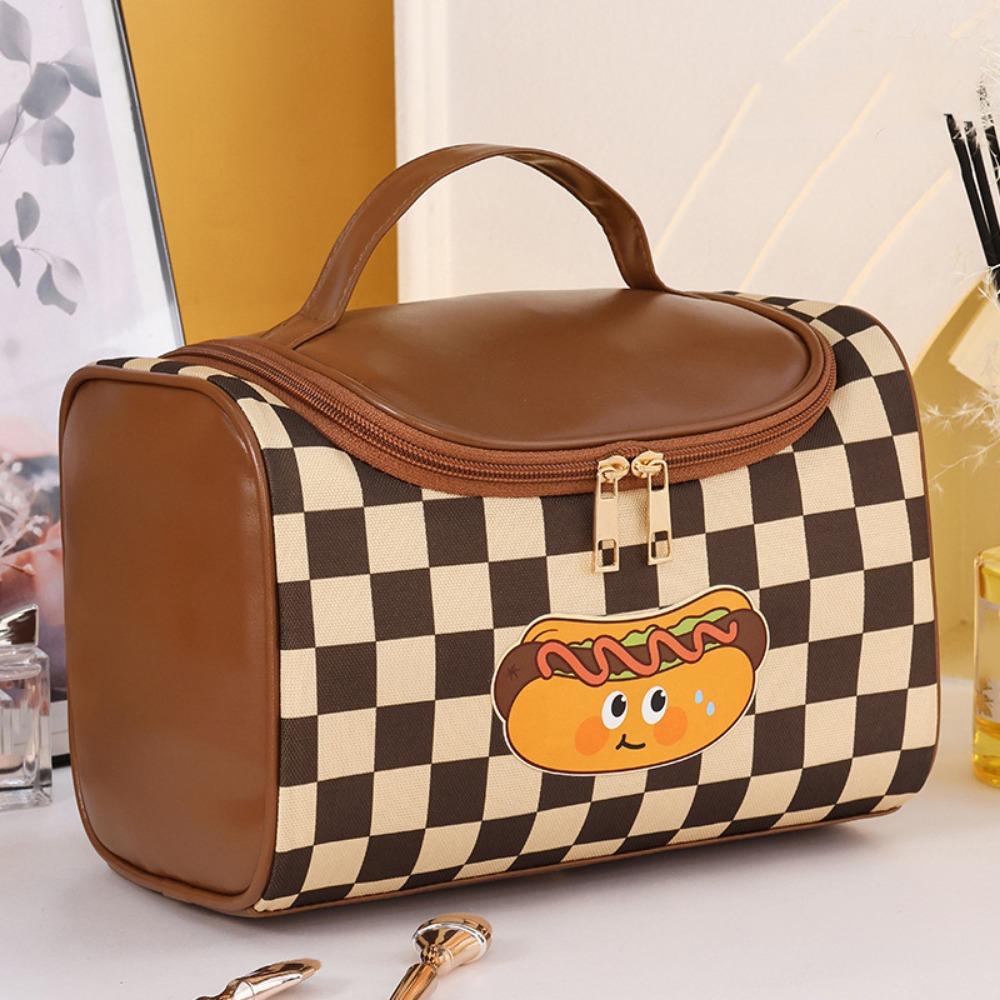 PU Leather Checkerboard Makeup Bag Hamburger Hamburger Travel Wash Bag  Outdoor