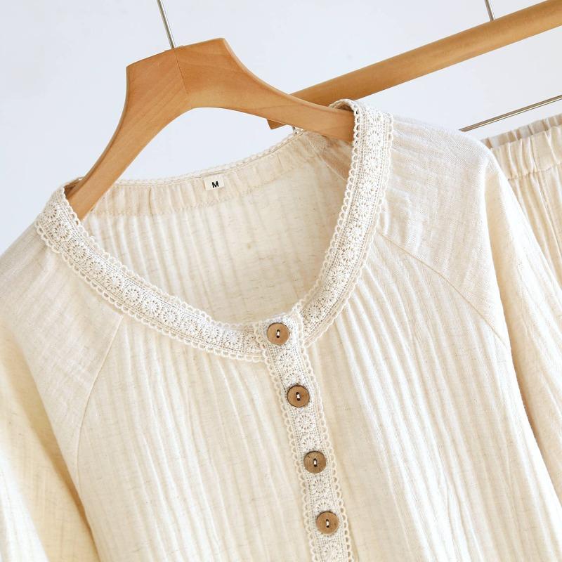 2026 Neues Damen Frühjahr/Sommer Pyjama-Set 100% Baumwolle Hanf Spitzenkragen Reine Baumwolle Langarmhose Hauskleidung Nachtwäsche