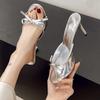 Gentle French! Pink Bow One-word Cool Slippers Women's Summer Stiletto High Heels