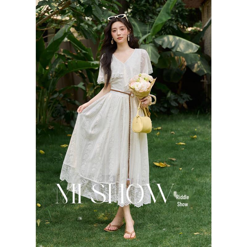French Resort Flutter Sleeve Lace A-Line Dress M