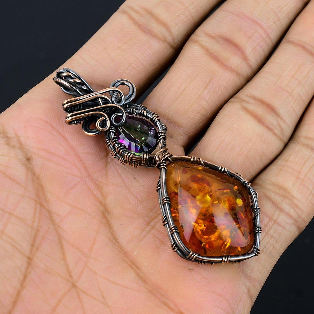 Baltic Amber & Mystic Topaz Pendant, 999 Copper Wire Wrapped Gemstone Jewelry, Handmade Pendant For Mother Day
