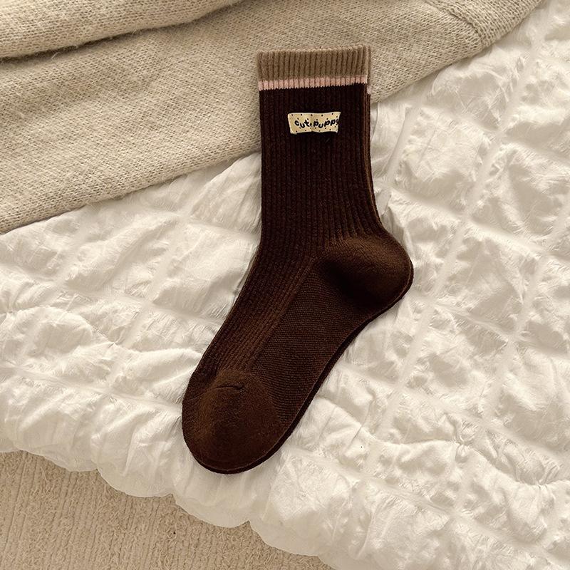 Women's Mid-calf Socks for Autumn and Winter, Warm Long Calf Socks, Retro Coffee-colored Long Socks with Stripes, Versatile and Casual for Women