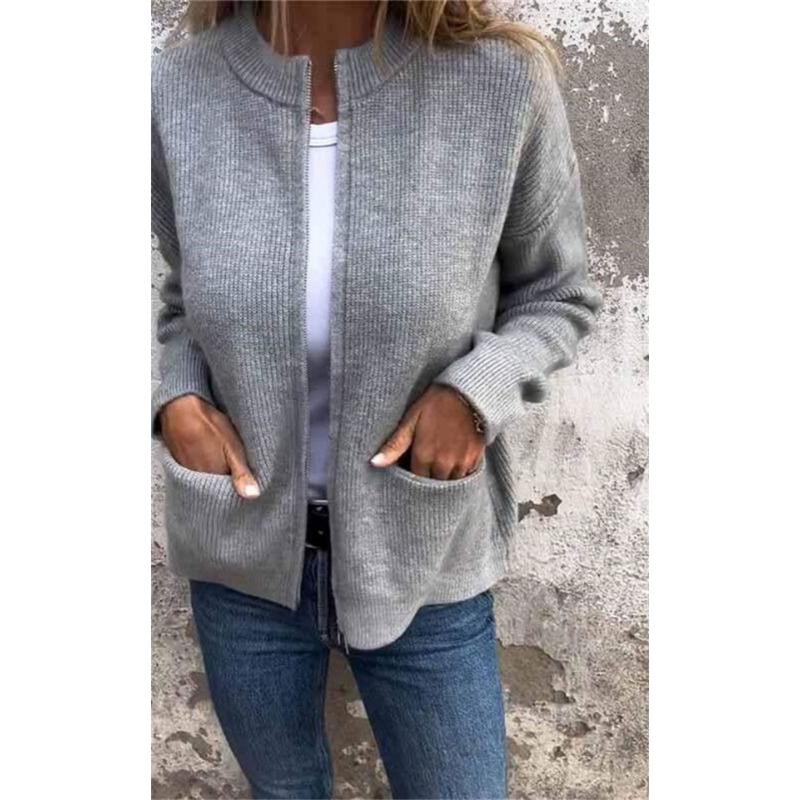 

Элегантный Модный Кардиган Женский Куртка на Молнии Вязаный Свитер Большого Размера Осень Зима Повседневный Свободный Пальто с Карманами Женский Длинный Рукав Однотонный Одежда S серый