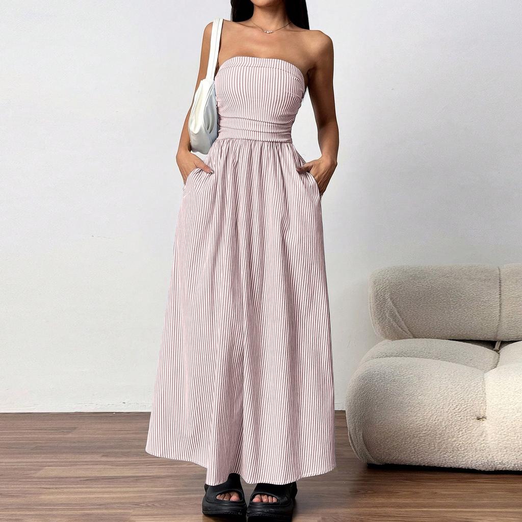 Women Strapless Maxi Dress with Pockets Casual Loose Fit Long Dress European Style Striped Print Sleeveless Sundress