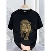 1pcMen'S 180g Heavy Golden Tiger Print T-Shirt White Crew Neck Short Sleeve Casual Sports Top, Breathable All-Season, Machine Washable, Regular Fit,