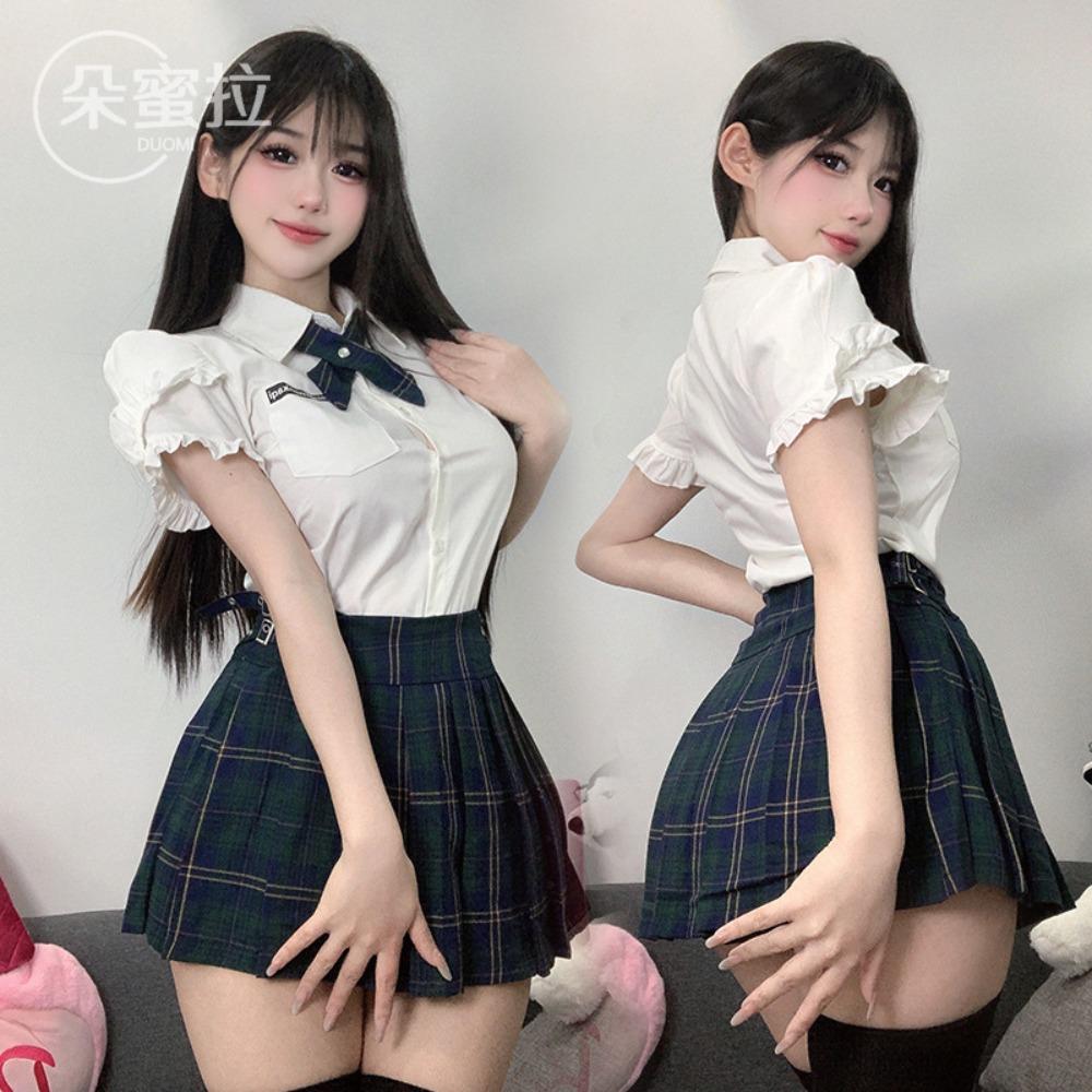 Domila JK College Style Sexy Uniform Suit Girls Pleated Skirt Fungus Lace Shirt Sex Underwear F636