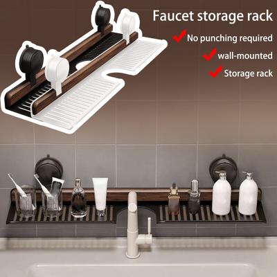 Walnut Bathroom Kitchen Suction Cup Shelf, Wall Mounted Sink Shelf Over Faucet, Removable Sink Faucet Organizers, Wood Faucet Storage Rack