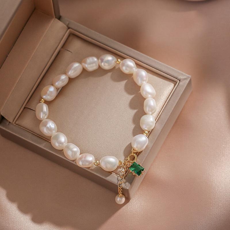 Special-Shaped Baroque Freshwater Pearl Emerald Square Pendant Bracelet Women'S Light Luxury Temperament Small Fresh Bracelet