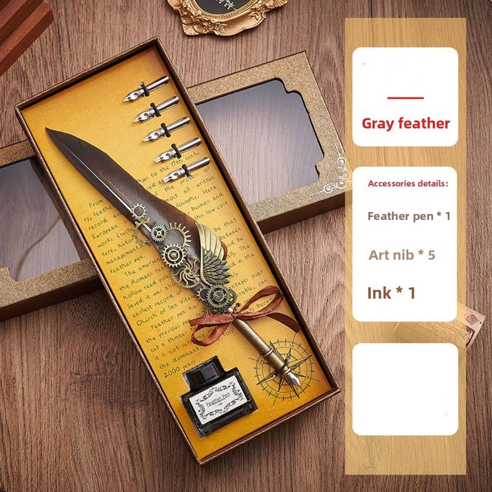 Replaceable 5 Nib Metal Signature Pen Retro Punk Feather Pen  Writing Accessories