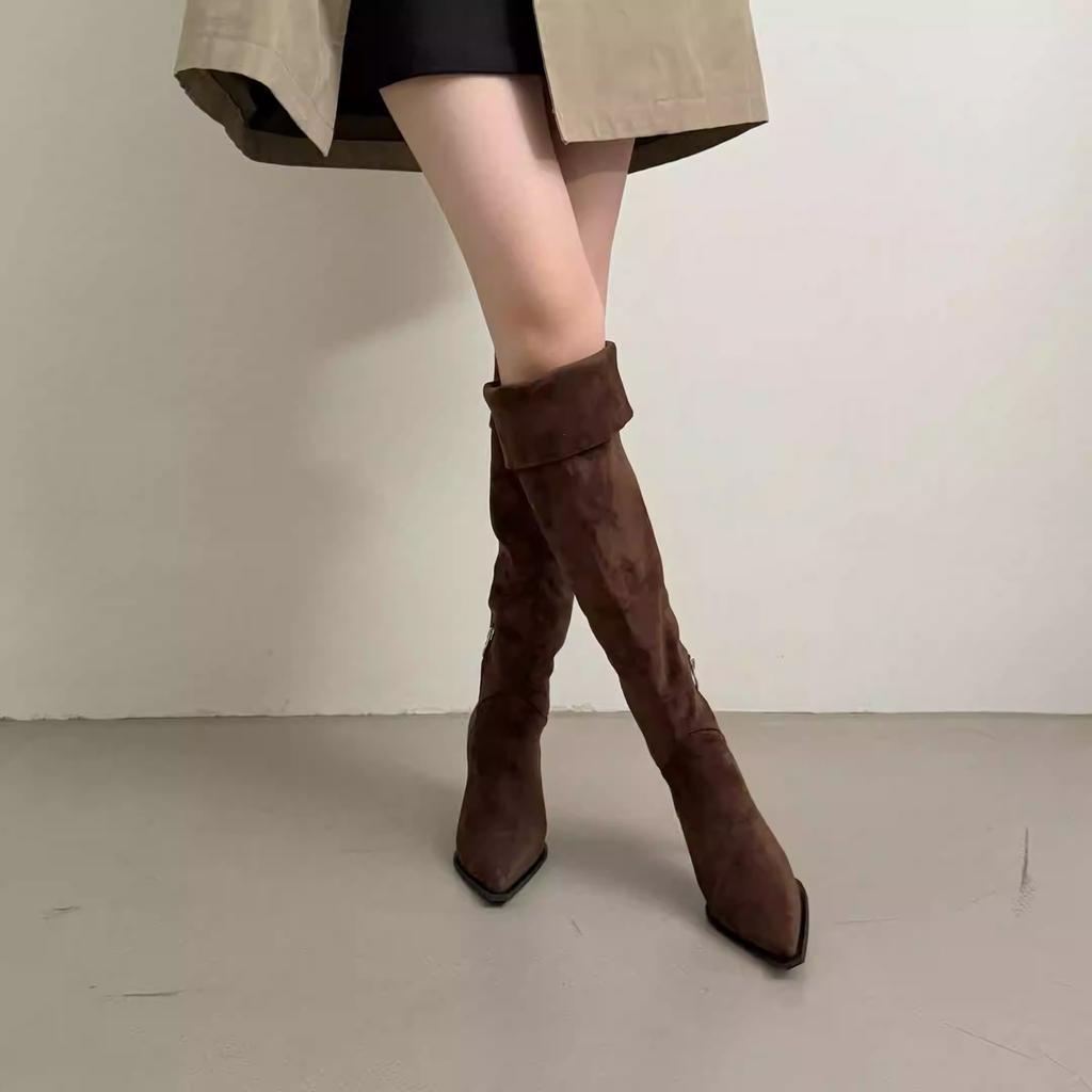 2025 autumn and winter new products wear Korean version of pointed suede folding stiletto over the knee boots women's versatile side zipper boots
