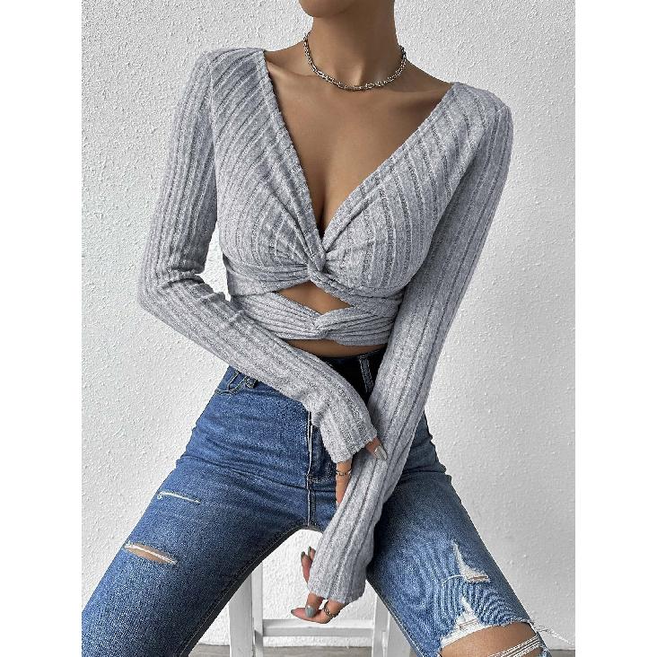 Women'S Sexy V-Neck T-Shirt Autumn And Winter Careful Machine Exposed Navel Slim Fit Short Top