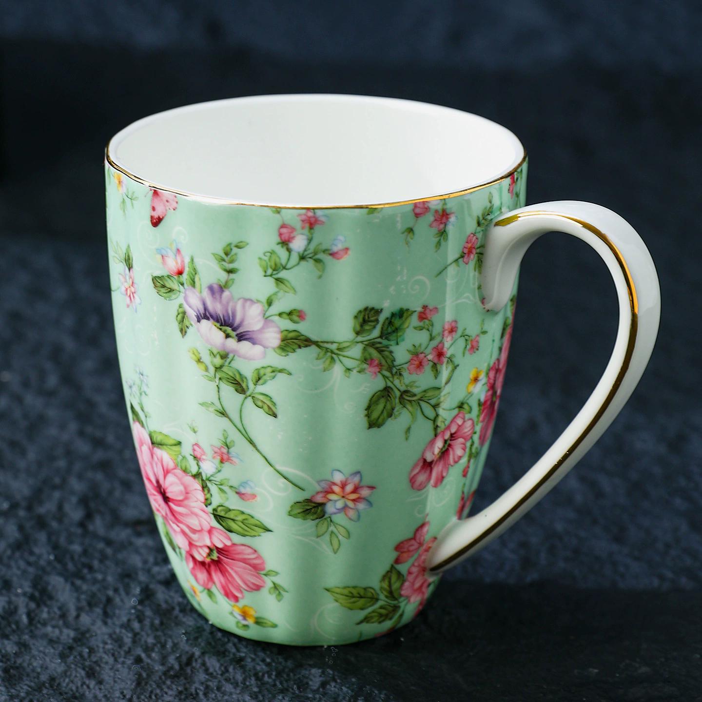 Vintage Floral Bone China Coffee Mug European Retro Rustic Tea Cup European English Afternoon Tea Mugs 301-400ml зелёный