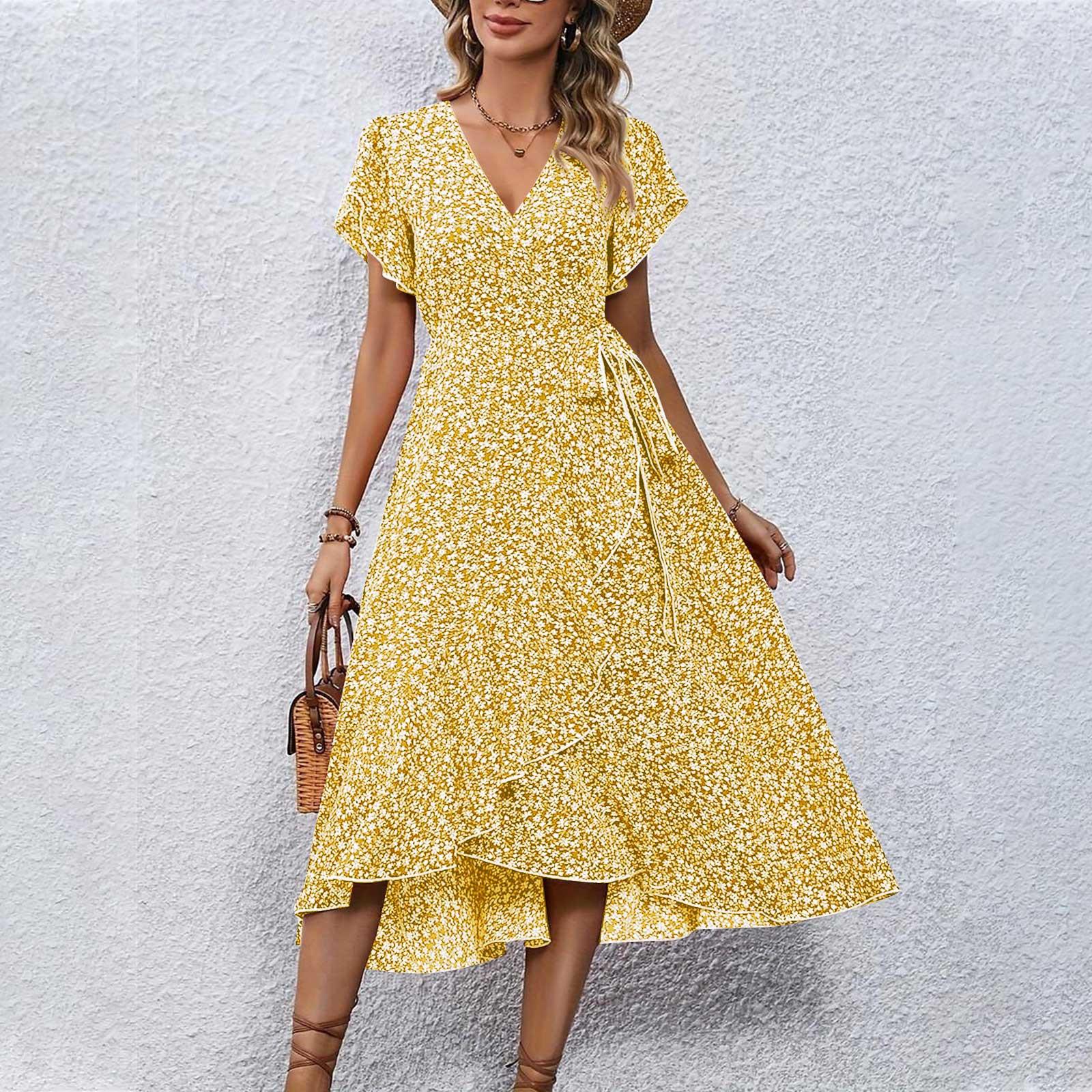 

Женские платья с v-образным вырезом и цветочным принтом на талии и короткими рукавами XL жёлтый