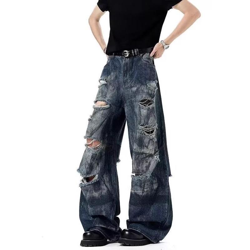 Wasteland wind tie-dye ripped jeans men's and women's summer new American retro loose wide-leg pants overalls