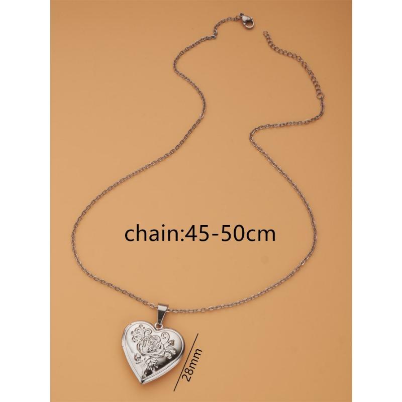 Silver Gold Openable Rose Photo Frame Heart Pendant Stainless Steel Necklace