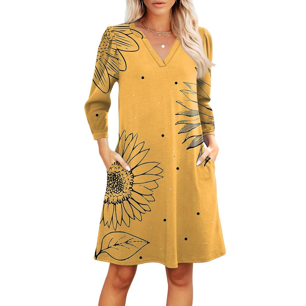 Women's Fashion V-neck Casual Beach Dress Three-quarter Sleeves Floral Print Dress