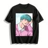 Anime-Stil Blauhaariger Hübscher Kerl Druck Langarm-Oberteil Unisex Lässiges Lockeres T-Shirt Reines Baumwoll-T-Shirt