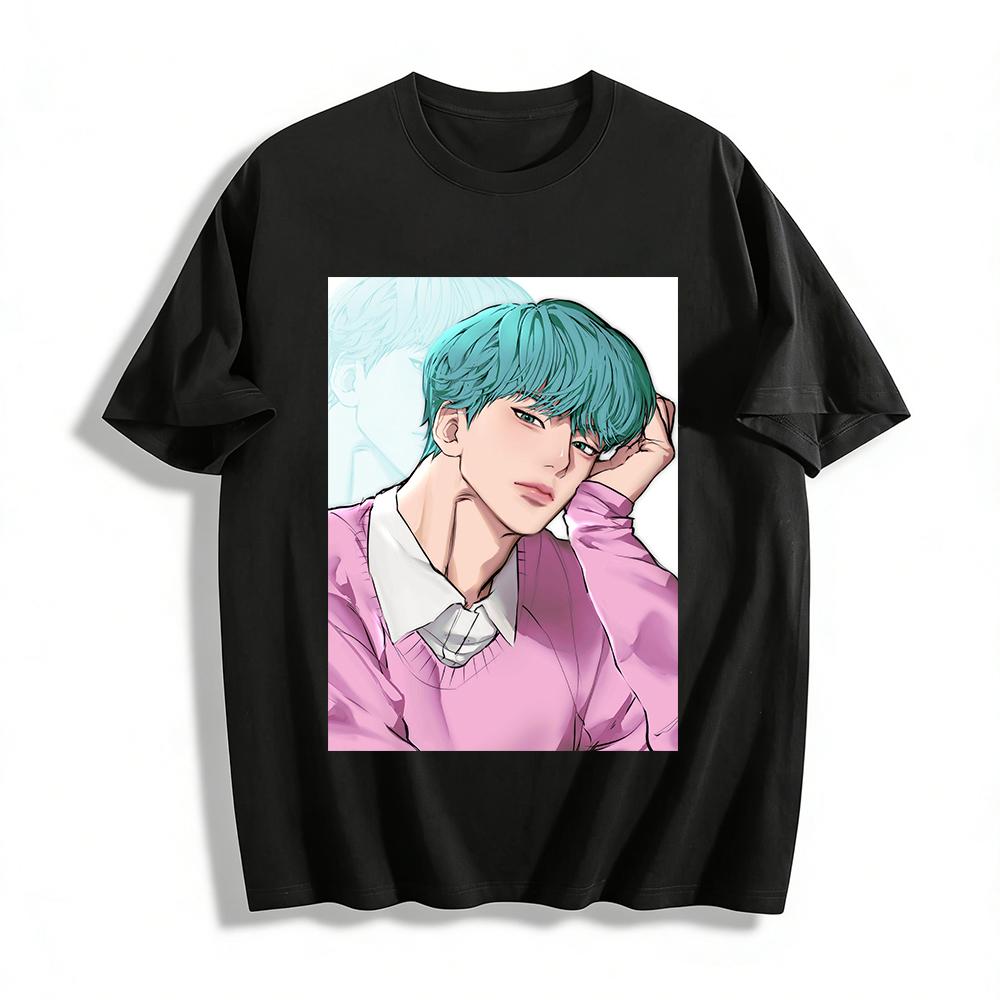 

Anime Style Blue-haired Handsome Guy Print Long-sleeve Top Unisex Casual Loose T-shirt Pure cotton T-shirt XXS