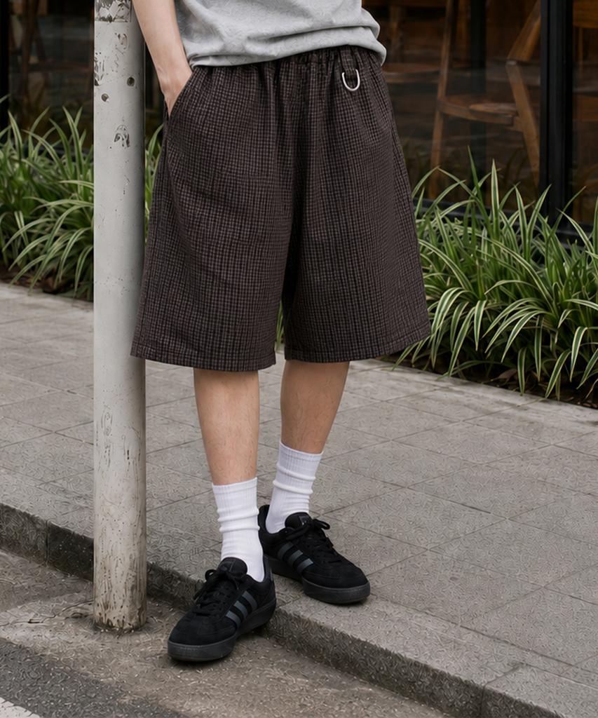 Saint Pain Sp Wrinkle Check Wide Elastic Bermuda Pants Brown