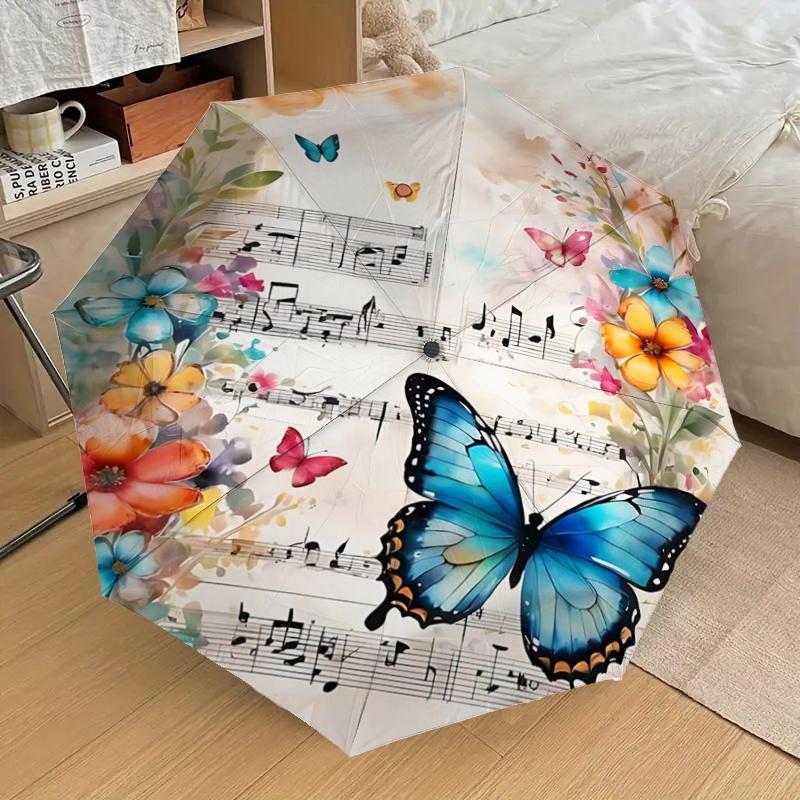 Floral Symphony Music Notes Butterfly Flowers Automatic Folding Umbrella - Portable 3-Fold Design with 8-Bone Iron Frame, Perfect for Festiv