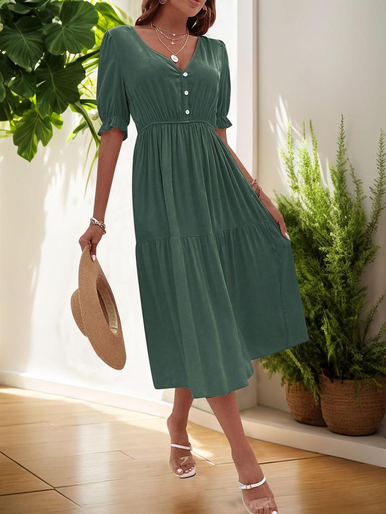 2025 European & American Summer Women's V-neck Solid Color Waist-cinching Dress