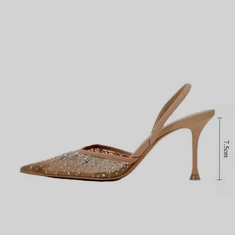 Mode 2025 Sandales Femme Mesh Strass Demi-Talon Haut Chaussures Femme Été Enveloppe Cheville Fine Bride Brillance Exquises Escarpins Femme