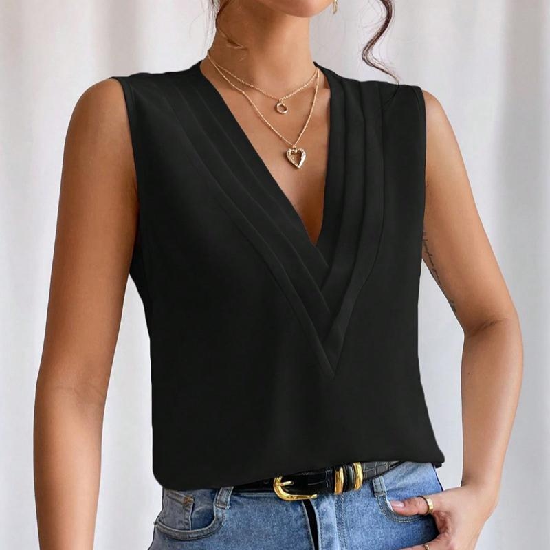 Summer New Pleated V-neck Solid Loose Shirt Women Sleeveless Elegant Casual Woman Blouse Vintage Fashion Office Lady Plus Size Blouses Tops 24716