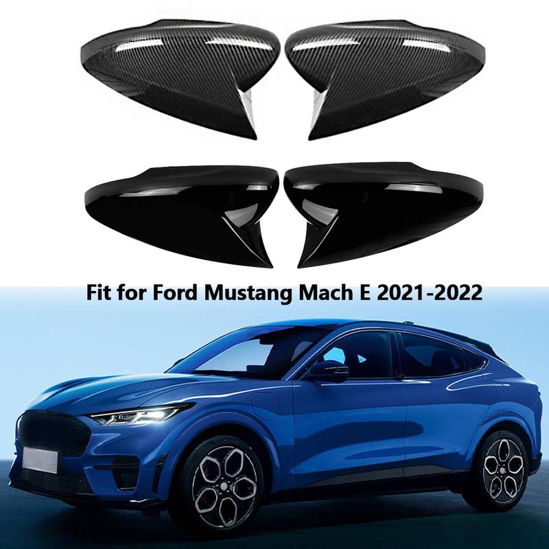 2Pcs Car Rearview Side Mirror Cover Caps Trim Carbon Fiber Glossy Black OX Horn For Ford Mustang Mach E Mach-E