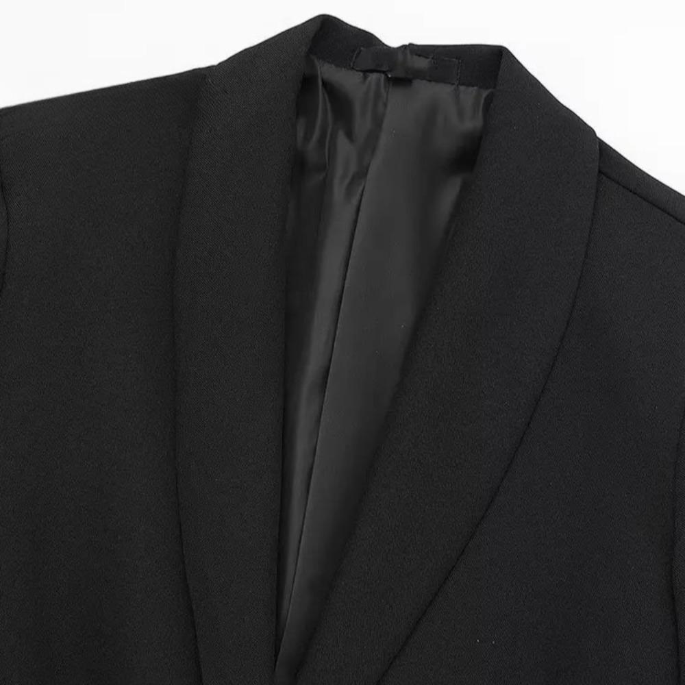 Women Fashion Satin Black with Feather Blazer Jacket Vintage Notched Neck Single Button Long Sleeves Female Outfits