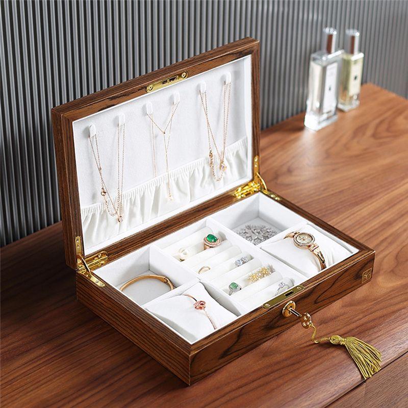 Good-1 Piece Wooden Flip Jewelry Organizer Box Jewelry Storage Gift Display Case Watch Earrings Ring Holder Jewellery Storage B