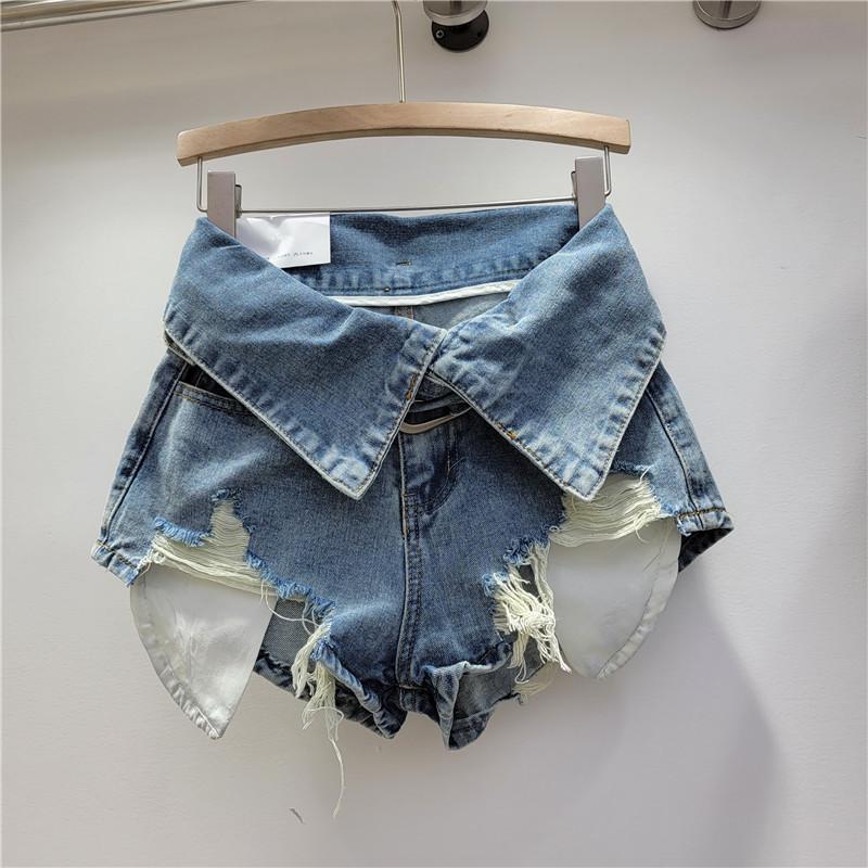 Spice girl retro ripped jeans women s summer high waist thin ins trendy shorts small niche wide leg pants S синий