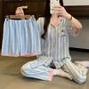 Fashion Small Fresh Cloud Cotton Pajamas Women'S Summer Short-Sleeved Three-Piece Set Contrasting Color Striped Puppy Loungewear