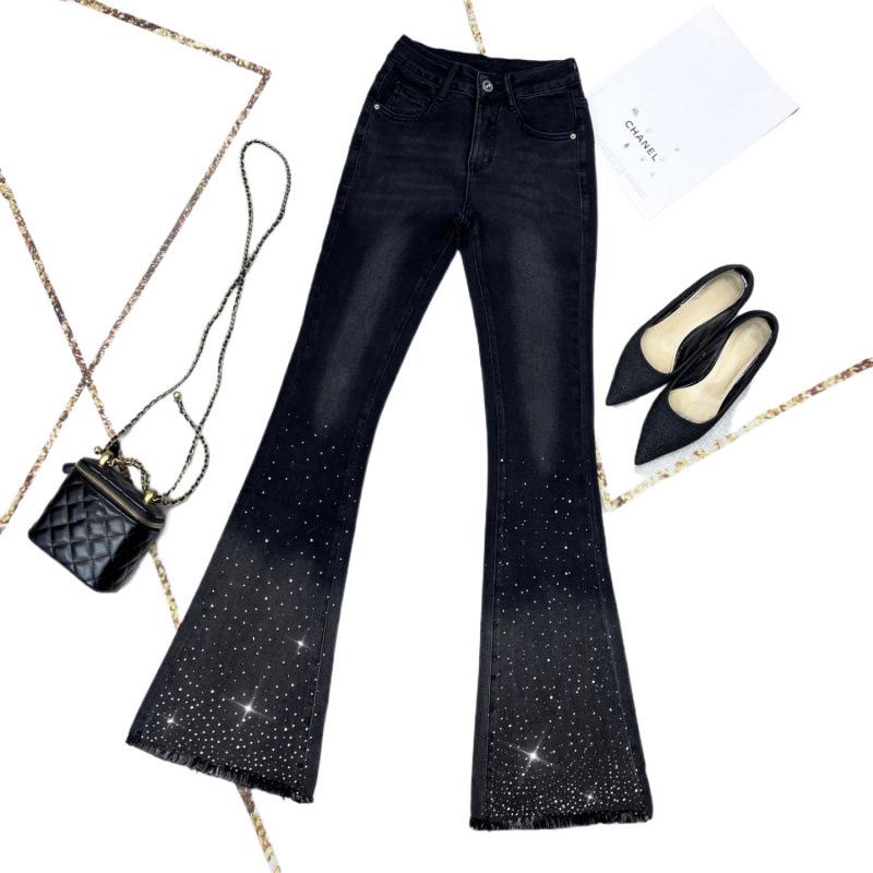 High Waist Black Micro Flare Jeans for Women - Slimming Stretch Pants with Frayed Edges