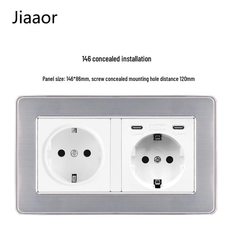 Padrão Europeu Tipo 86 Painel de Interruptor e Tomada de Parede Duplo em Aço Inoxidável com USB-C, Estilo Alemão, Montagem de Parede Embutida.