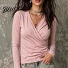 Basic Layering Shirts Cross V-Neck Long Sleeve Top for Women Slim Fit Sexy Women Blouse Pleated Shirt Fall Solid Color Casual Office Work Wear
