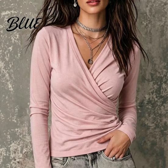 Basic Layering Shirts Cross V-Neck Long Sleeve Top for Women Slim Fit Sexy Women Blouse Pleated Shirt Fall Solid Color Casual Office Work Wear