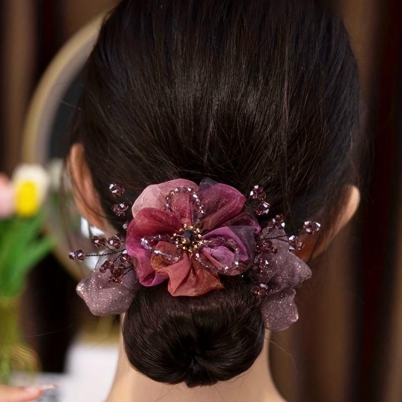 Elegantes Organza-Kristallblumen-Haargummi, Raffinierter Lila- und Brauner Zopfhalter mit Perlendetails, Perfekt für Jahrestage, Besondere Anlässe
