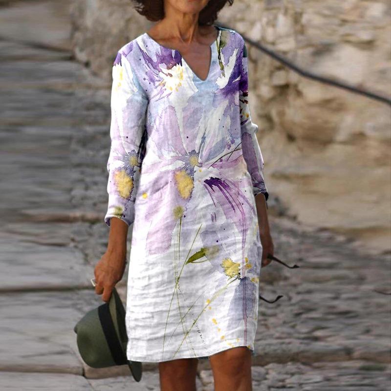 Women's Spring and Summer Fashion Painting Printed Nine Sleeve Multi Color Medium Length Dress