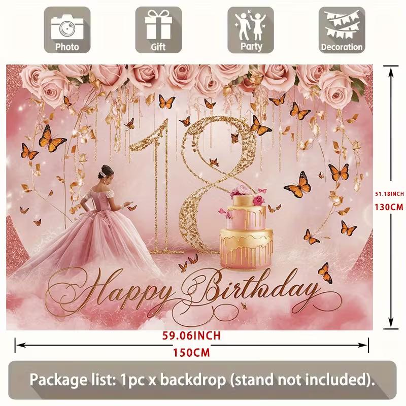2D Pink Gold 18th Happy Birthday Backdrop Banner with Butterflies & Roses
