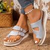 European and American foreign trade large size belt buckle slope heel cool slippers women's new hollow thick-bottomed beach slippers Amazon