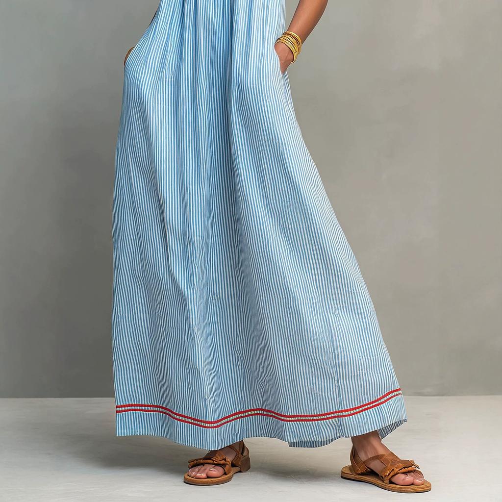 Women's Striped Spaghetti Strap Maxi Dress Loose Casual Sleeveless Long Dress with Pockets