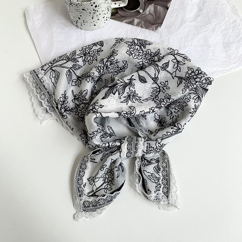 Silk Scarf Neck Small Square Scarf Lace Striped Cashew Nut Silk Scarf Spring and Summer Light Headscarf Headband Decorative Scarf