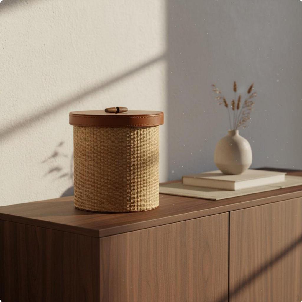 Round Rattan classic Braided Container Basket with Lid Handwoven Leather Decorative Canister for