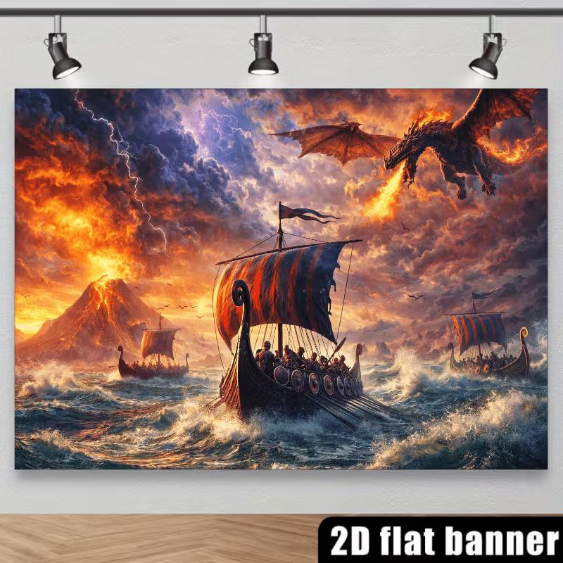 2D Volcano Dragon Viking Ocean Backdrop for Photoshoot