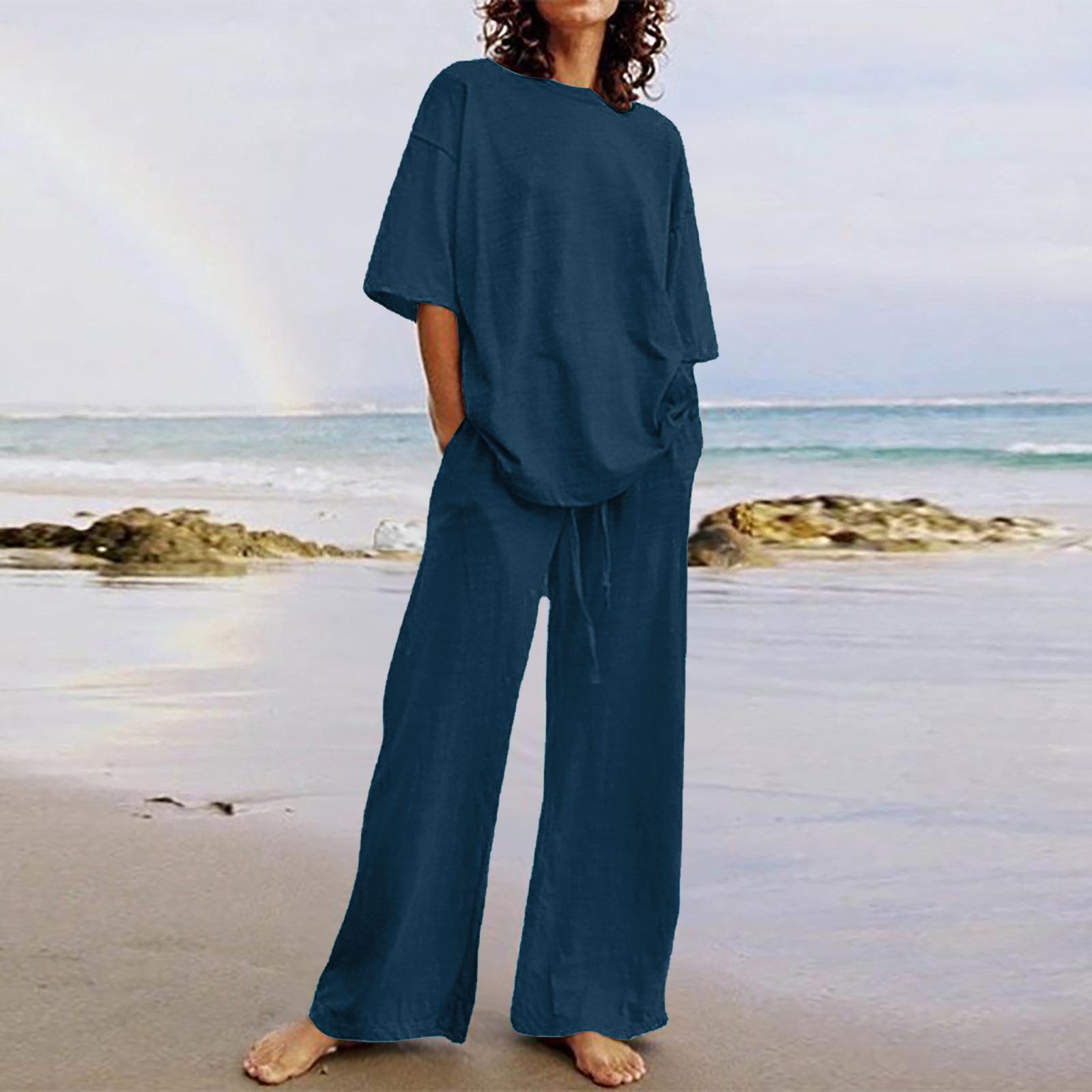 

2025 Spring/Summer Women s Solid Color Loose Cotton Linen Wide-Leg Pants Two-Piece Set 3XL