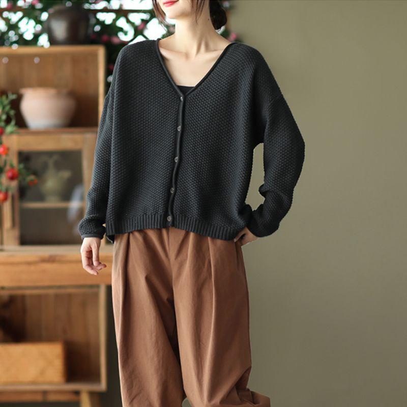 Plus Size Women's Autumn Winter Sweaters Vintage Knitted Cardigan V-neck Full Sleeved Sweater Loose Casual Tops