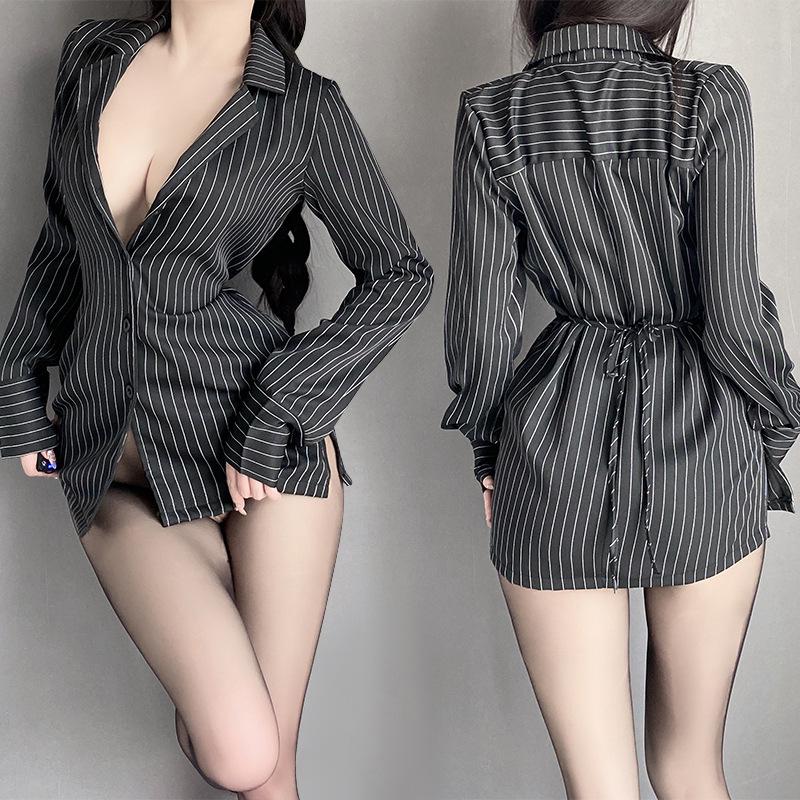 Elegant Striped Secretary Lingerie Set - Black Long Shirt with Removable Details