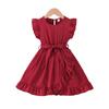 2025 Summer Girls' Solid Color Stripe Ruffle Dress with Belt