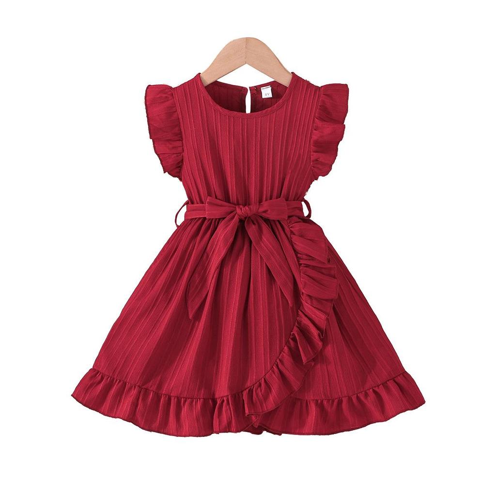 2025 Summer Girls' Solid Color Stripe Ruffle Dress with Belt
